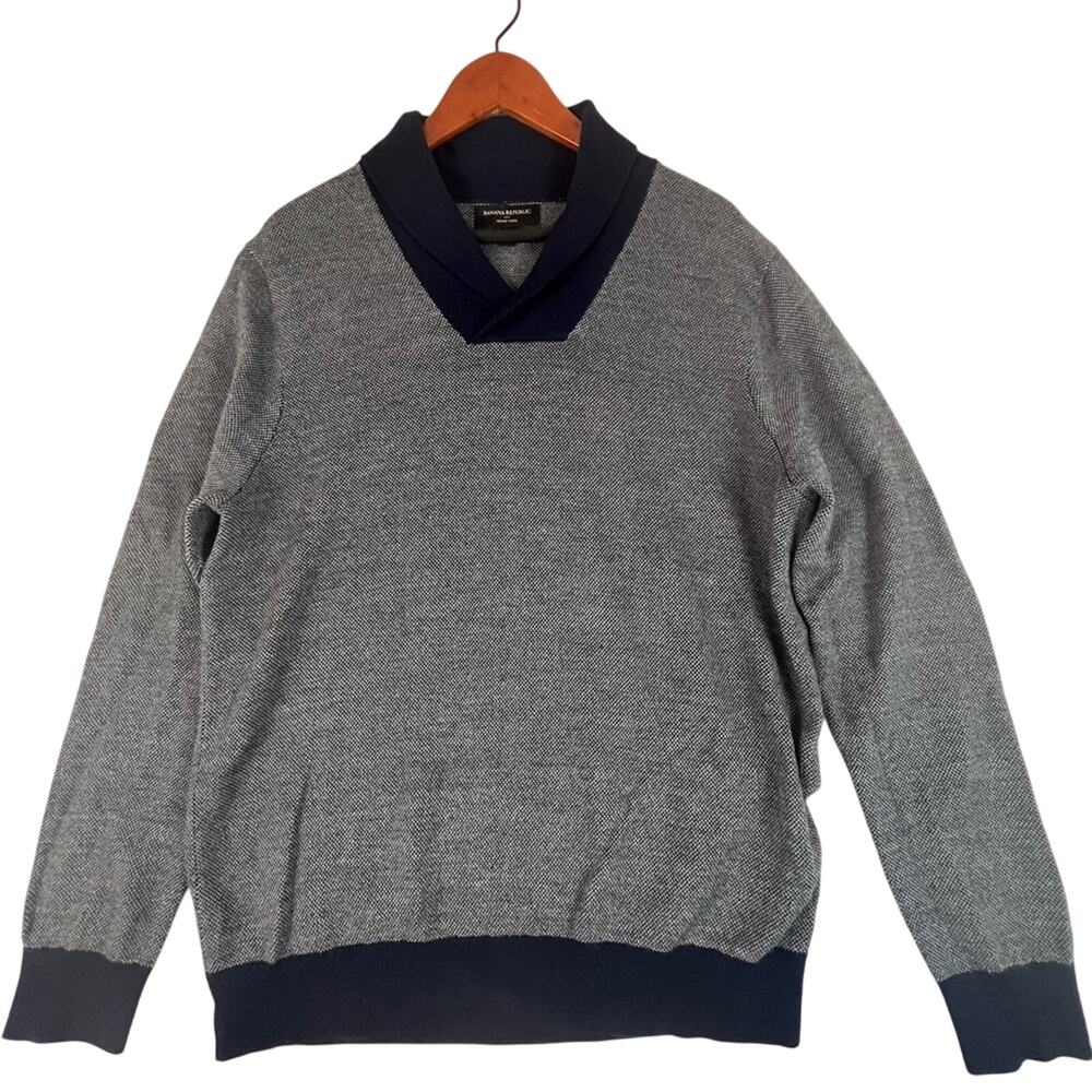 Banana Republic Merino Wool Sweater Mens Large Shawl Collar Blue Birdseye Knit